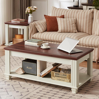 Farmhouse Walnut Coffee Table with Open Storage Shelf Rustic Wood Center Table