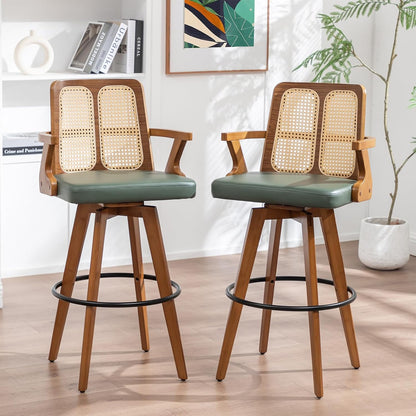 Walnut Rattan Swivel Counter Stool with Arms Green Upholstered Seat