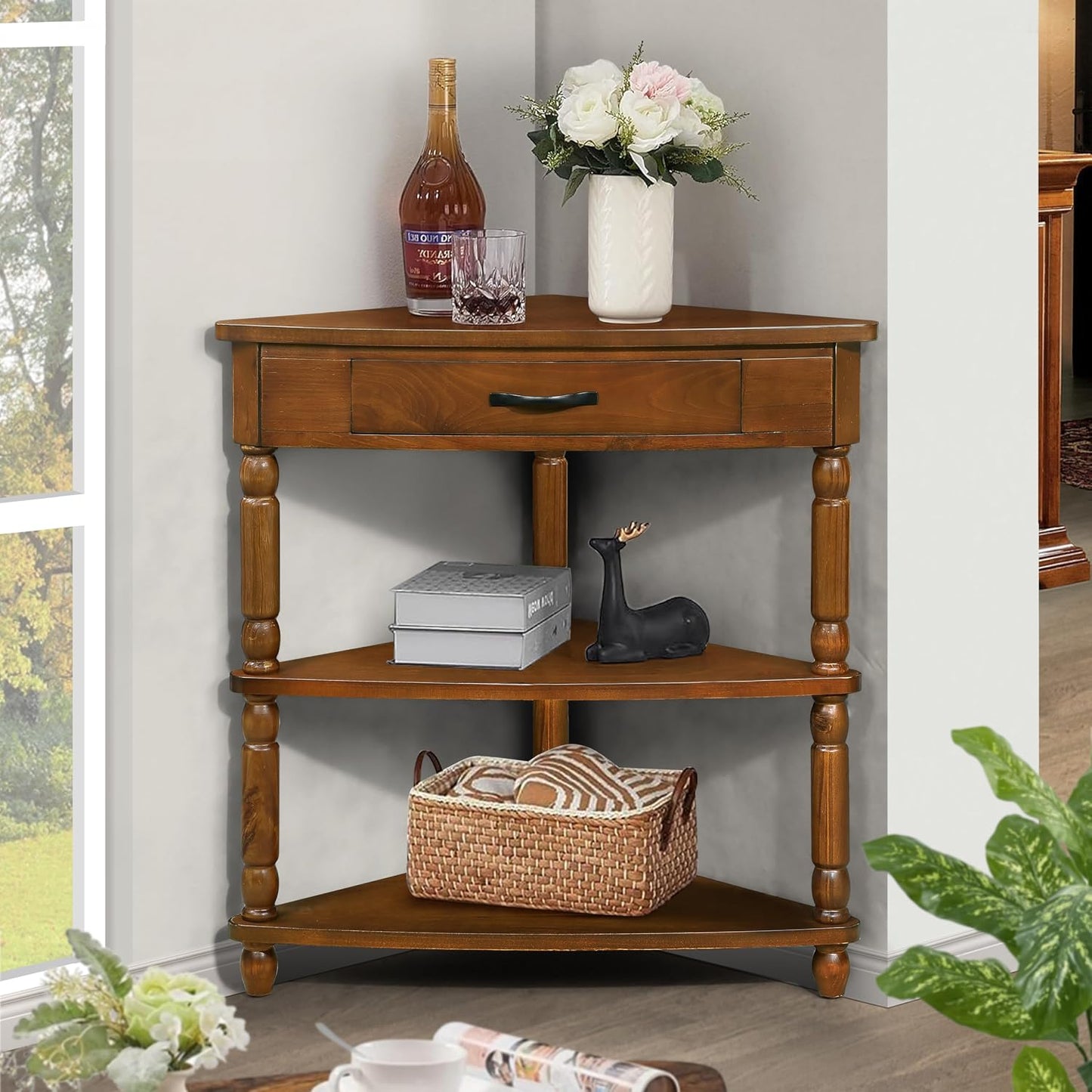 Wood Triangle Corner Table with Drawer and 2 Storage Shelves Navy Blue