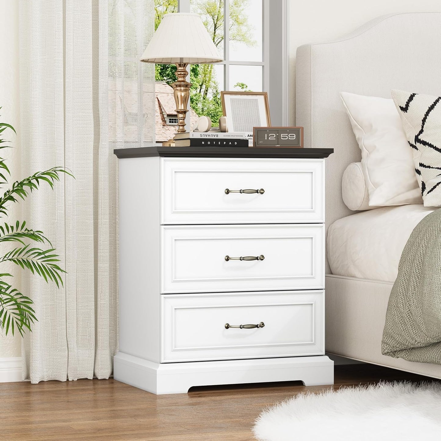 White Farmhouse Nightstand with 3 Drawers Wide Bedside Storage Table