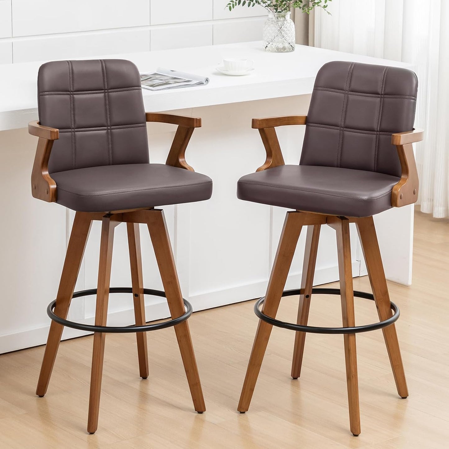 Walnut Black Swivel Counter Stool with Arms Mid Century Upholstered Bar Chair