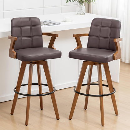 Walnut Black Swivel Counter Stool with Arms Mid Century Upholstered Bar Chair