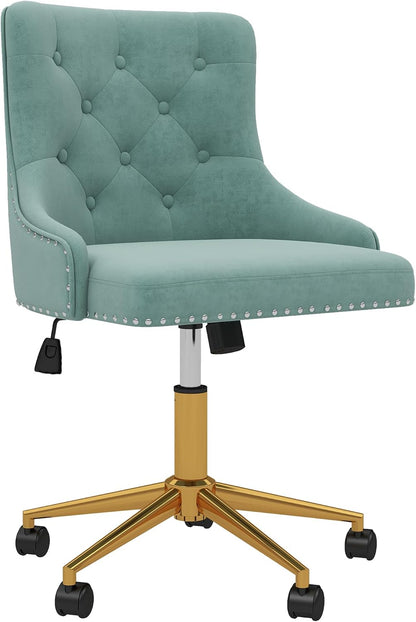 Beige Velvet Swivel Desk Chair Tufted Vanity Chair with Gold Base and Wheels