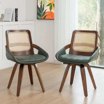Walnut Cane Swivel Dining Chairs with Arms Black Faux Leather Set of 2