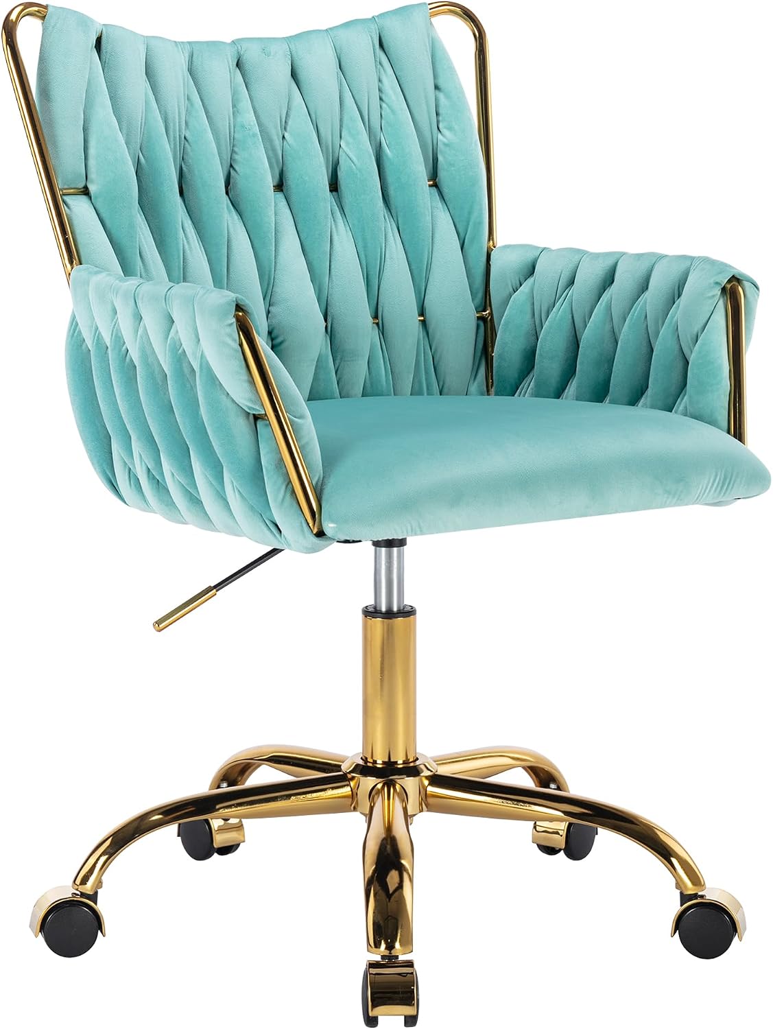 Black Velvet Swivel Desk Chair Hand Woven High Back Gold Base Adjustable Height