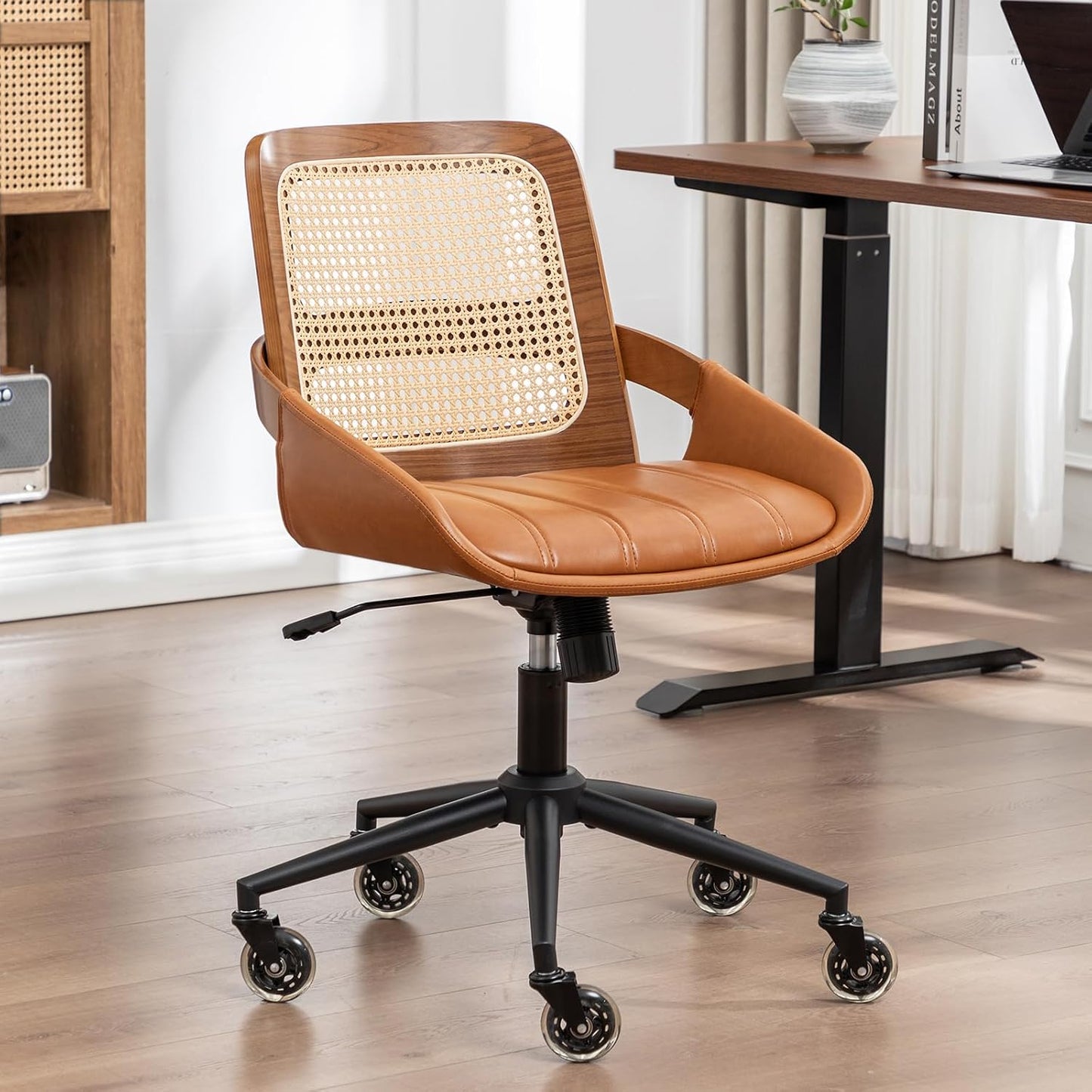 Walnut Rattan Office Chair Green Faux Leather Swivel Rolling Desk Chair