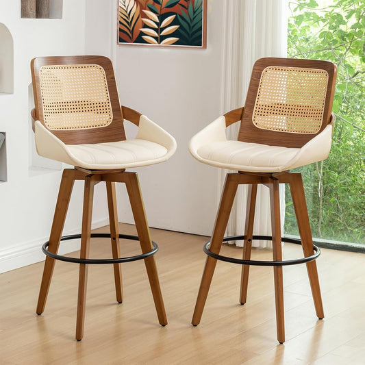 Walnut Cane Swivel Counter Stool with Arms Black Faux Leather Seat