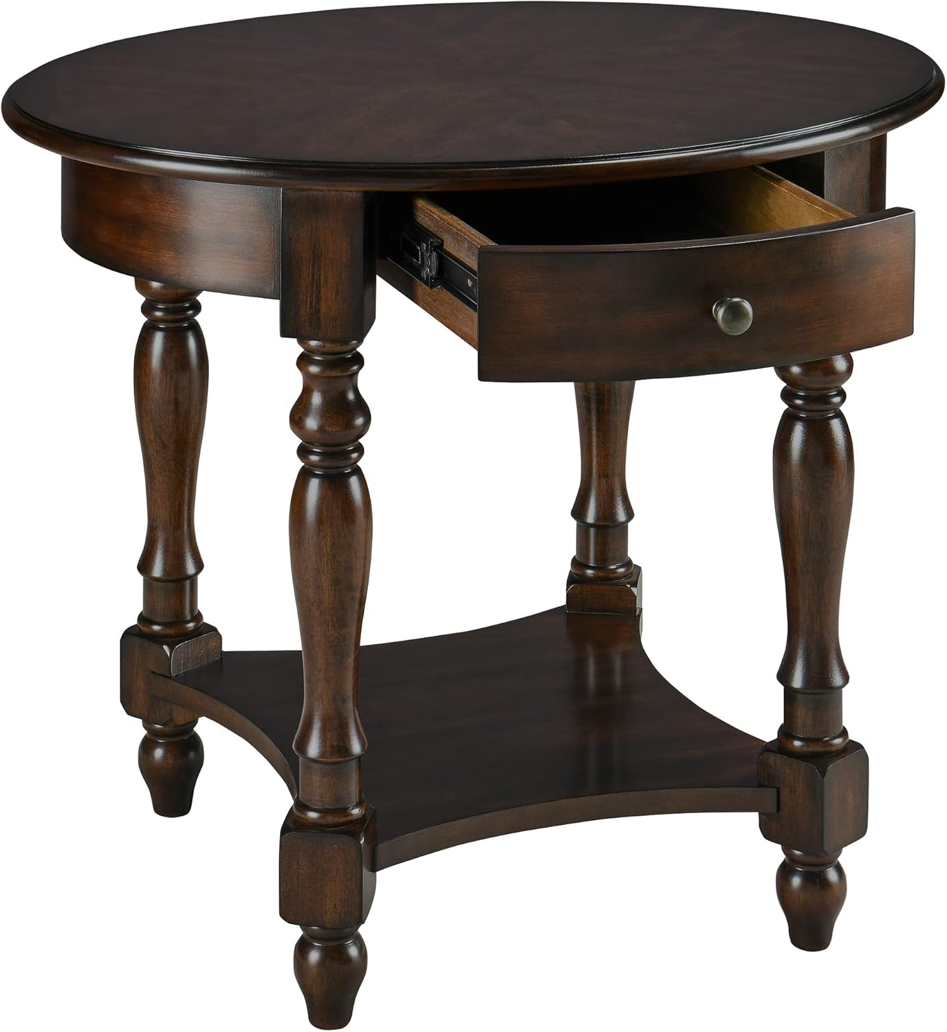 Solid Wood Oval End Table with Drawer and Lower Storage Shelf