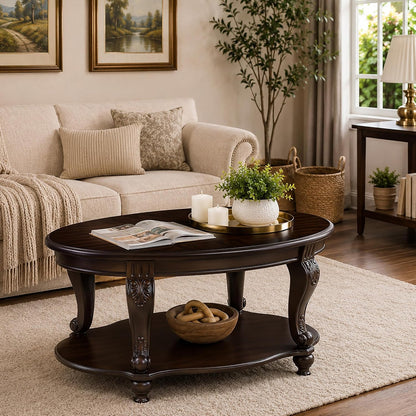Oval Coffee Table with Storage Victorian Carved Wood 2 Tier Living Room Table