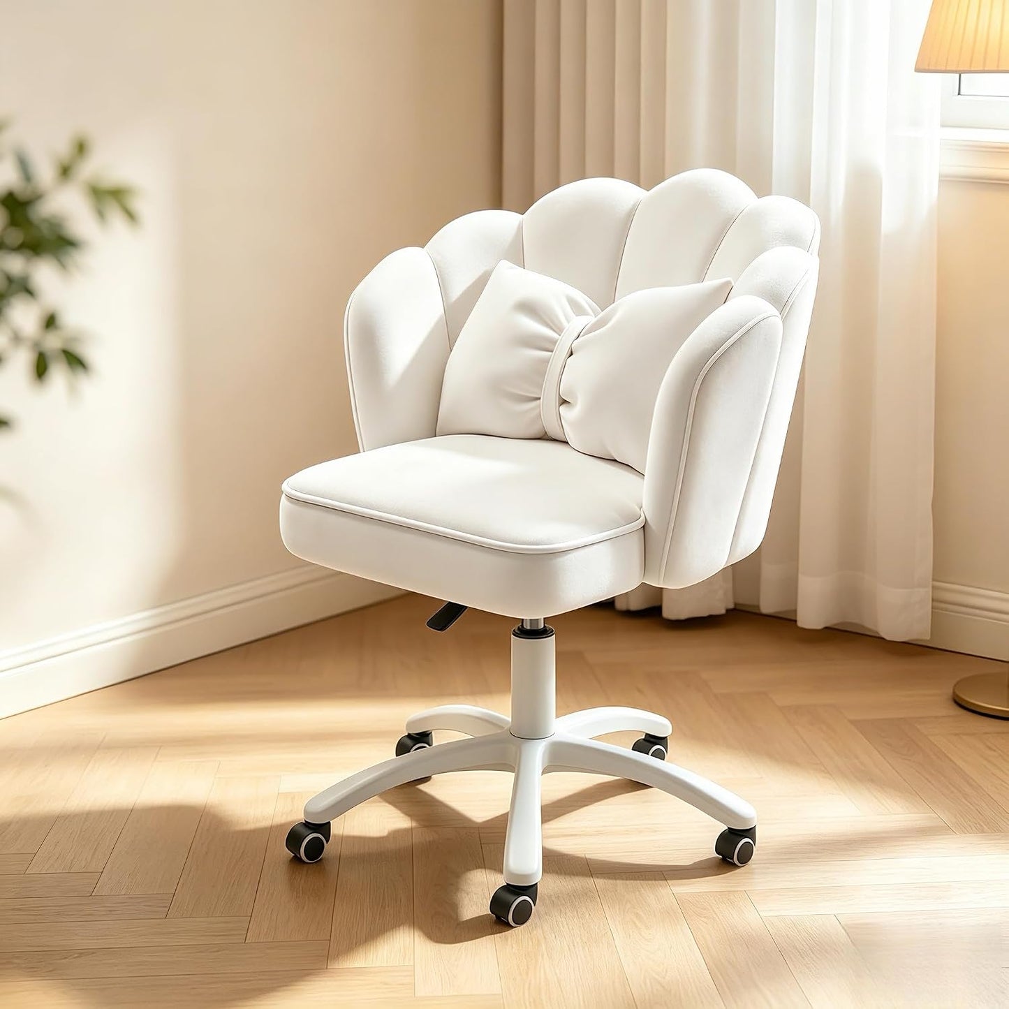 Purple Velvet Petal Vanity Chair Swivel Rolling Desk Chair with Bow Cushion