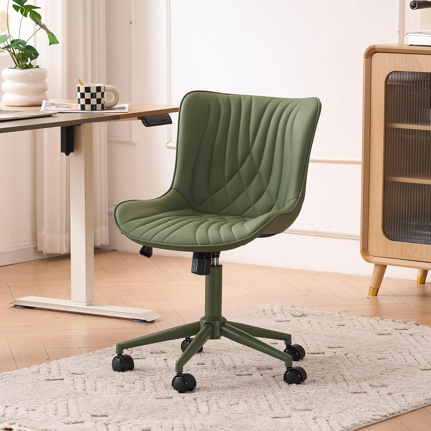 Brown Faux Leather Office Chair Adjustable Swivel Rolling Armless Desk Chair