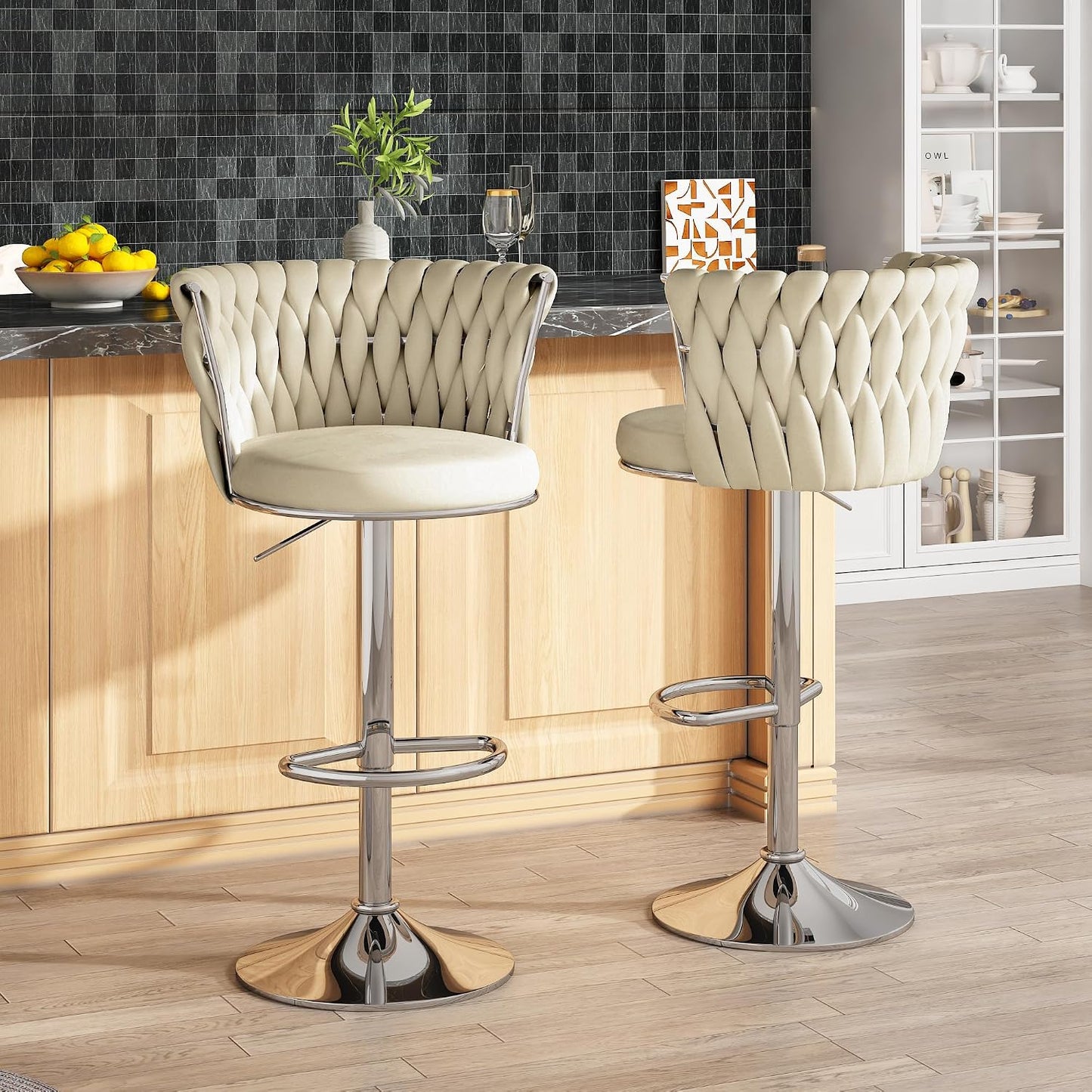 Black Velvet Swivel Bar Stools with Tufted Back Adjustable Height Set of 2