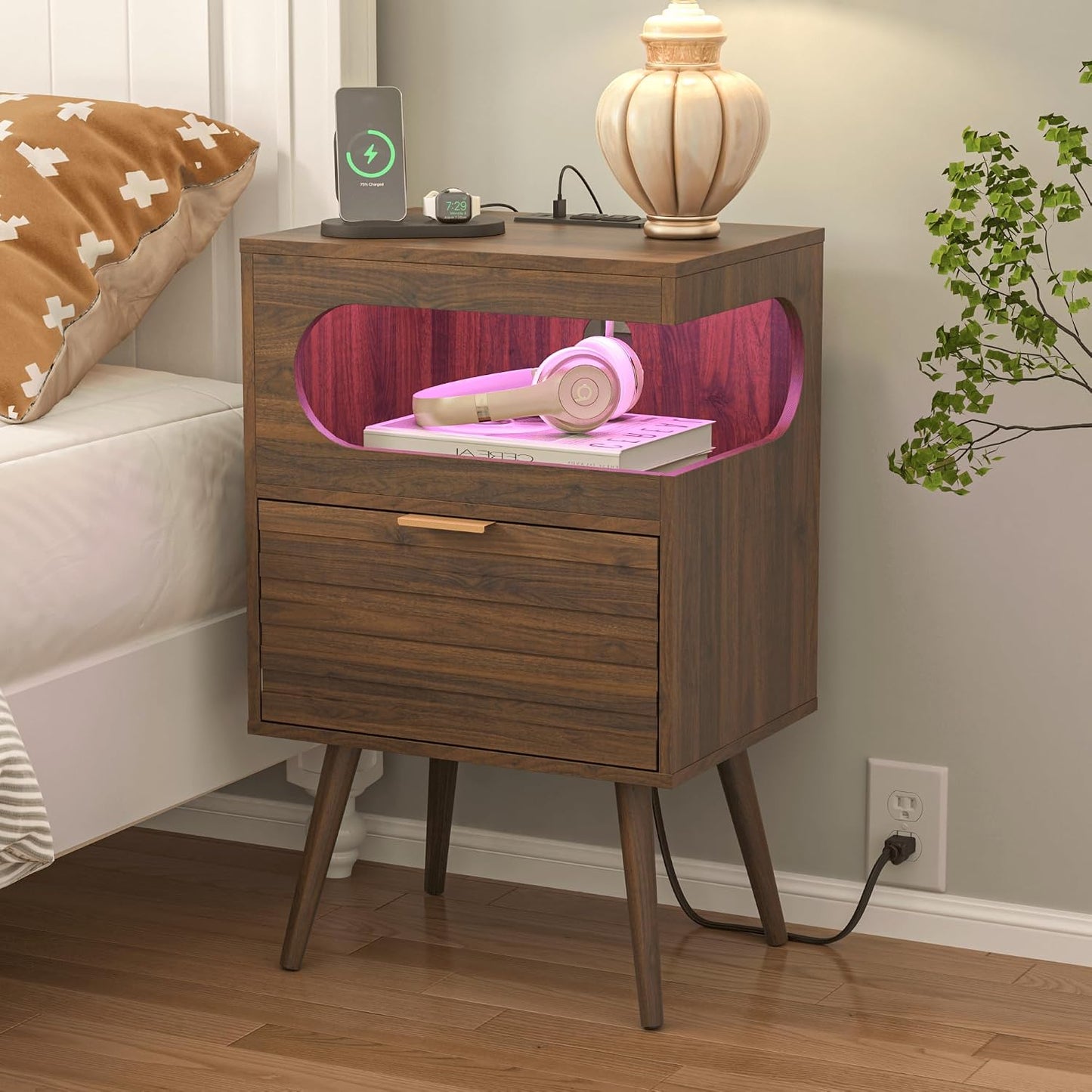 Modern Black Nightstand with Charging Station, LED Light & Storage Drawer