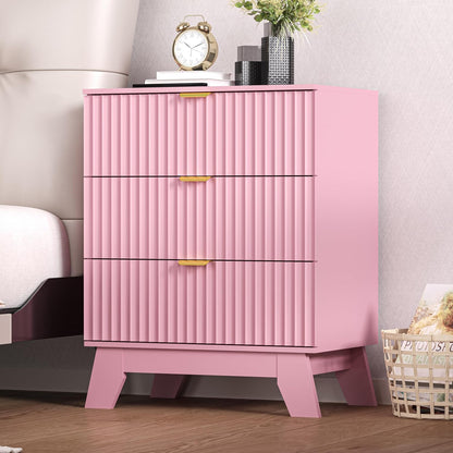 White Fluted Nightstand with 3 Drawers Modern Wide Bedside Table