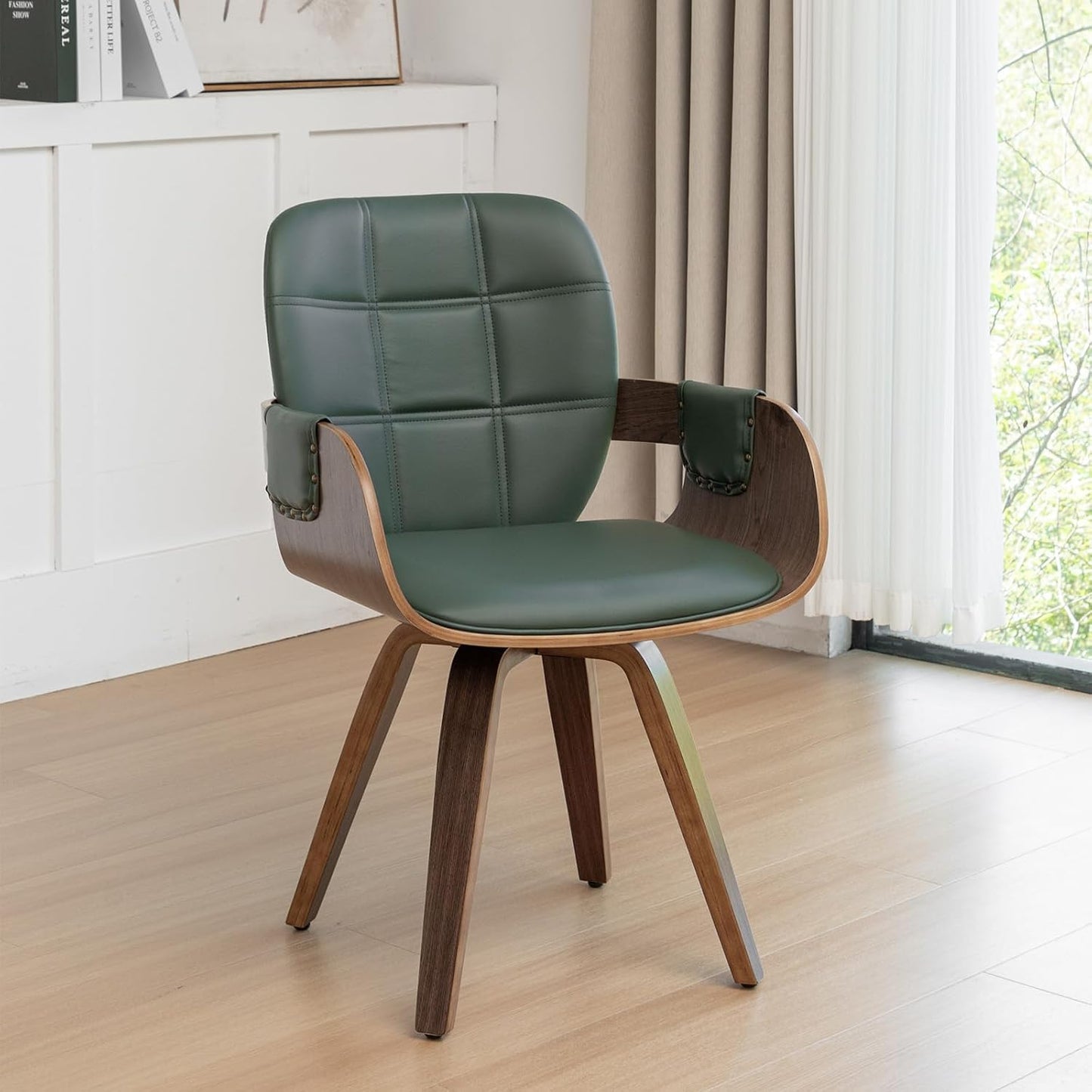 Walnut Brown Swivel Dining Chair with Arms Faux Leather Mid Century Chair