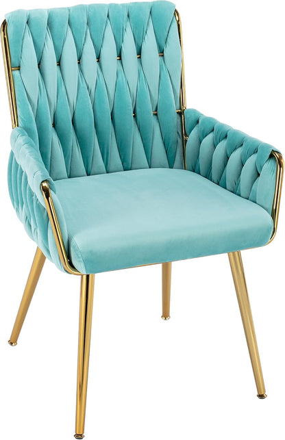 Beige Velvet Accent Chair Hand Woven Upholstered Armchair with Gold Metal Legs