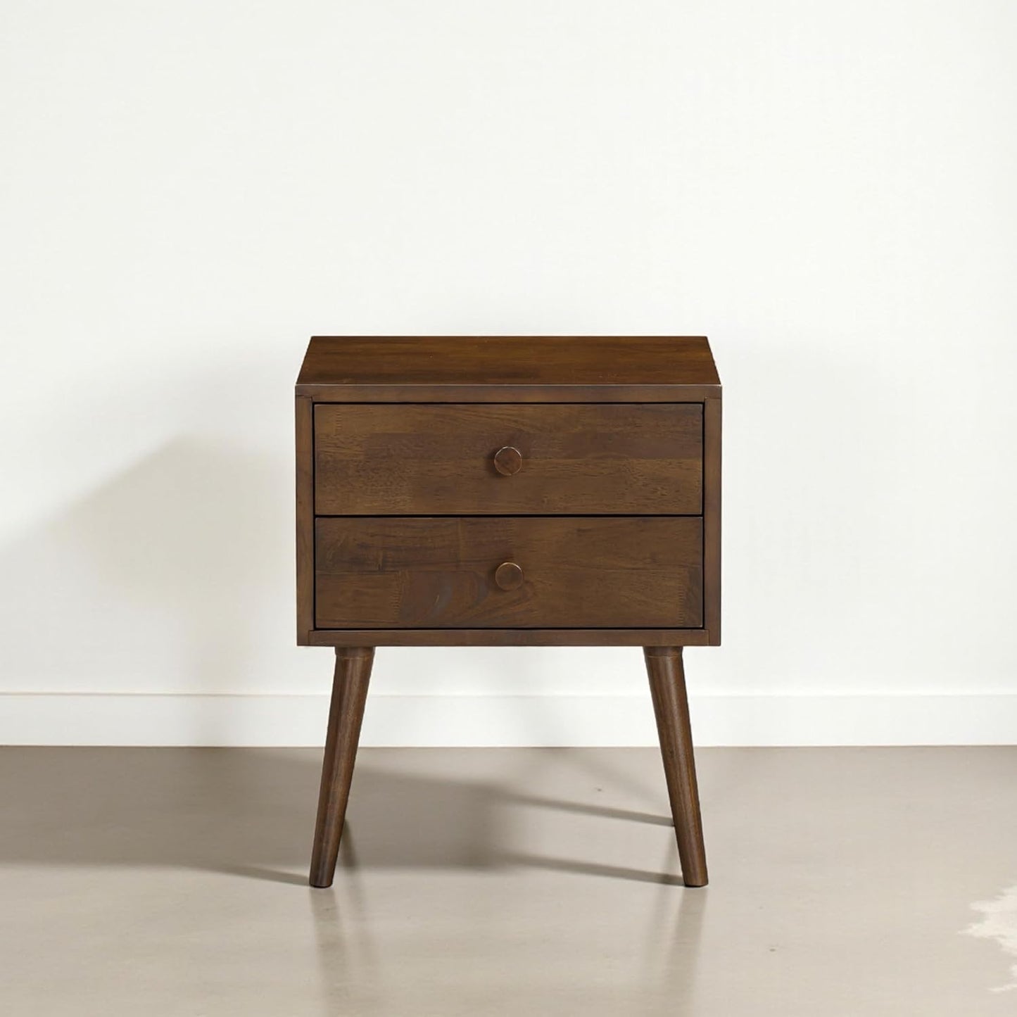 Solid Rubberwood 2-Drawer Nightstand – Sand Mid-Century Bedside Table