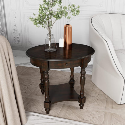 Solid Wood Oval End Table Cherry Walnut with Drawer and Storage Shelf