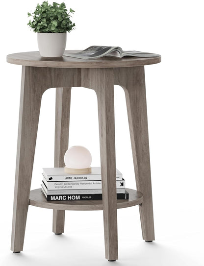 Round Wood Side Table with Lower Shelf Mid Century End Table