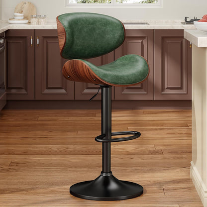 Adjustable Swivel Bar Stool Black PU Leather Walnut Bentwood Counter Chair