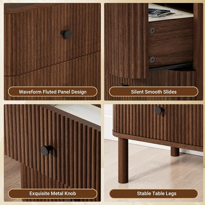 Modern Fluted Nightstand with Charging Station & 2 Drawers
