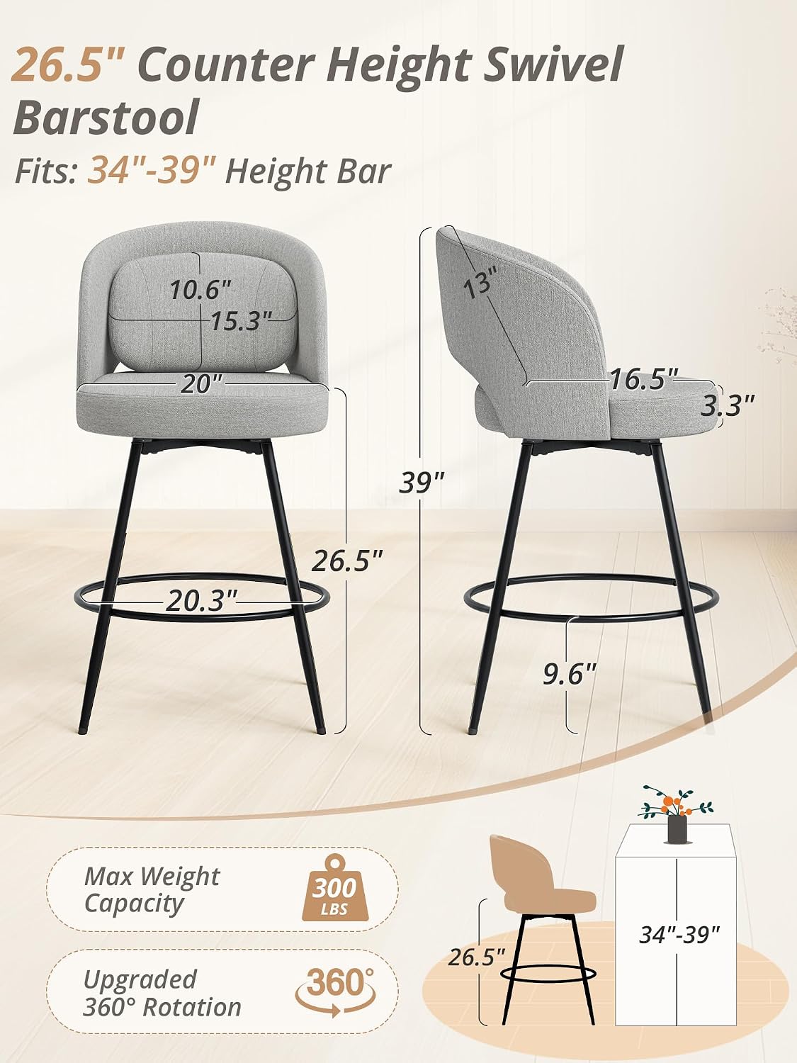 26 Inch Swivel Counter Height Bar Stools Linen Upholstered Black Metal Set of 2