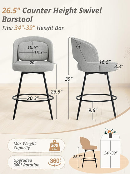 26 Inch Swivel Counter Height Bar Stools Linen Upholstered Black Metal Set of 2