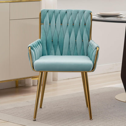 Beige Velvet Vanity Chair Hand Woven Gold Leg Upholstered Accent Chair