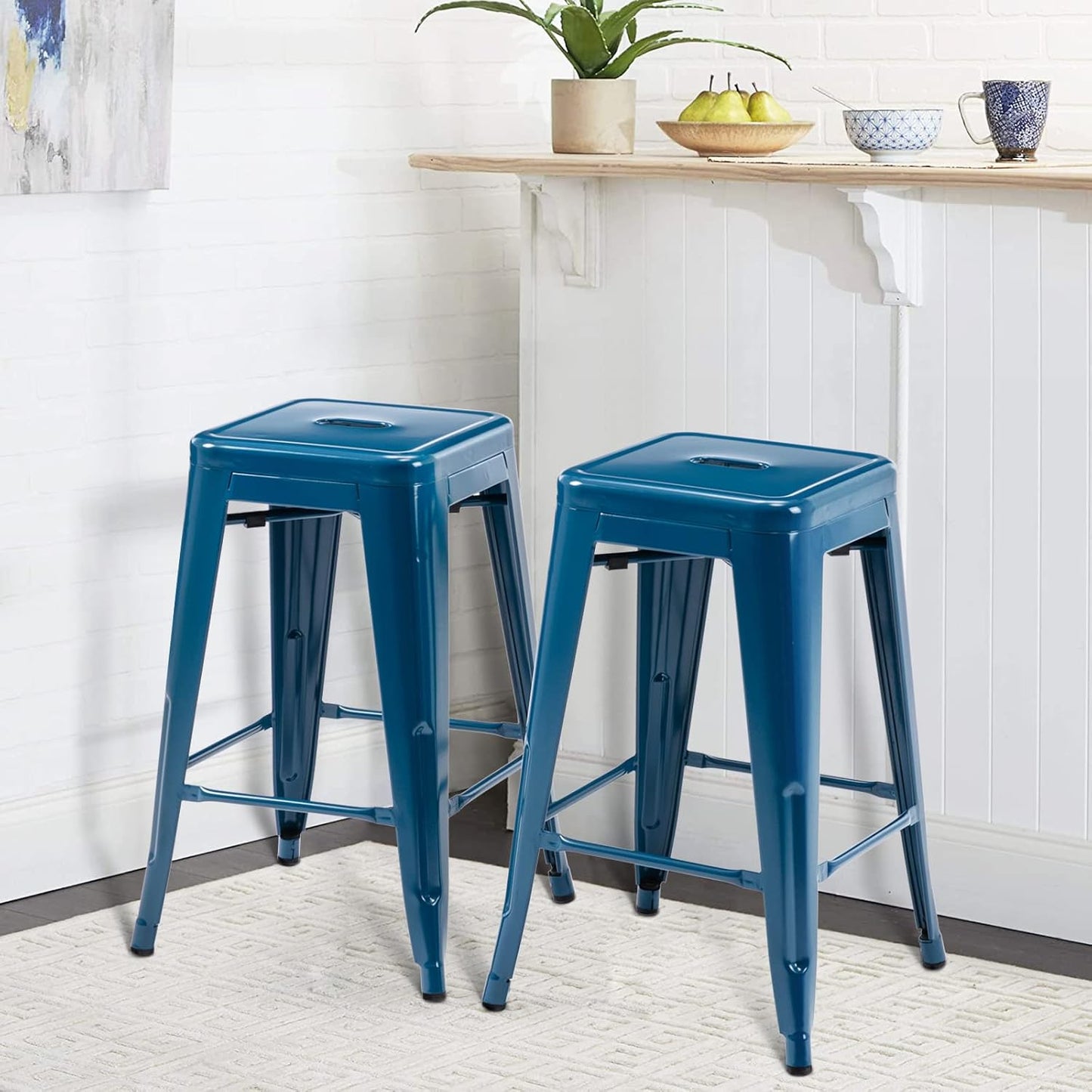 Black Metal Bar Stools Set of 2 Stackable Industrial Counter Height Seats