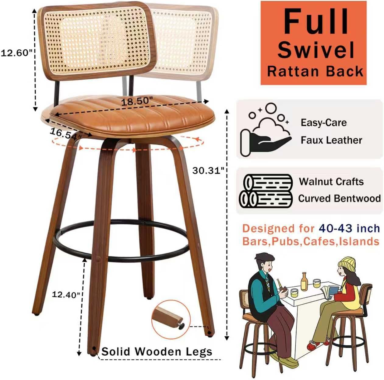 Walnut Rattan Swivel Bar Stool Cane Back Beige Faux Leather 30 Inch
