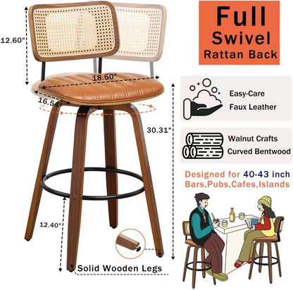 Walnut Rattan Swivel Bar Stool Cane Back Beige Faux Leather 30 Inch