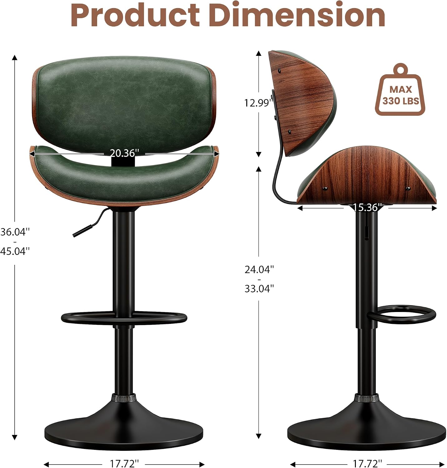 Adjustable Swivel Bar Stool Black PU Leather Walnut Bentwood Counter Chair