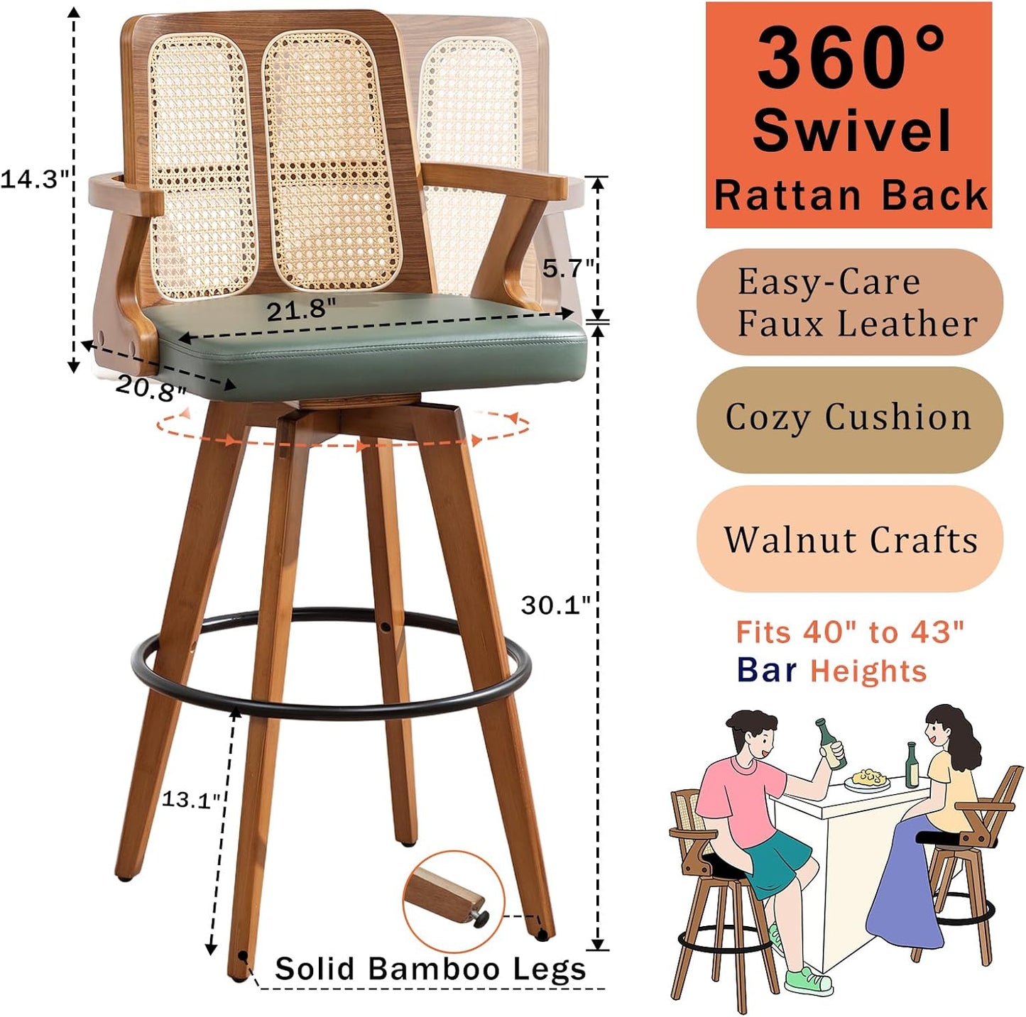 Walnut Rattan Swivel Bar Stools with Arms Beige Upholstered Seat Set of 2