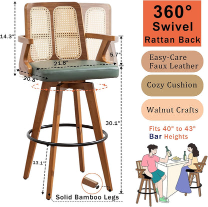 Walnut Rattan Swivel Bar Stools with Arms Beige Upholstered Seat Set of 2