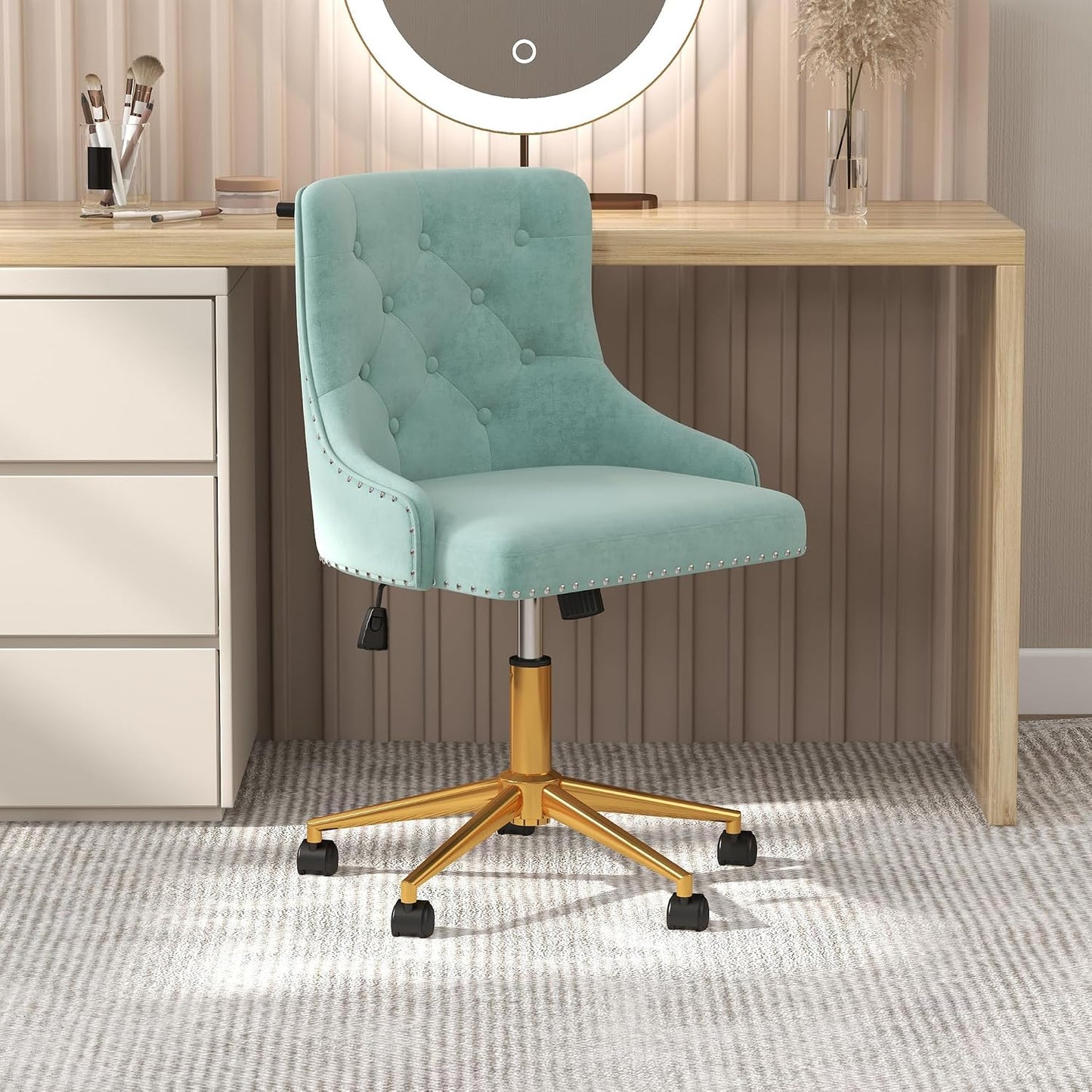 Beige Velvet Swivel Desk Chair Tufted Vanity Chair with Gold Base and Wheels