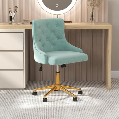 Beige Velvet Swivel Desk Chair Tufted Vanity Chair with Gold Base and Wheels