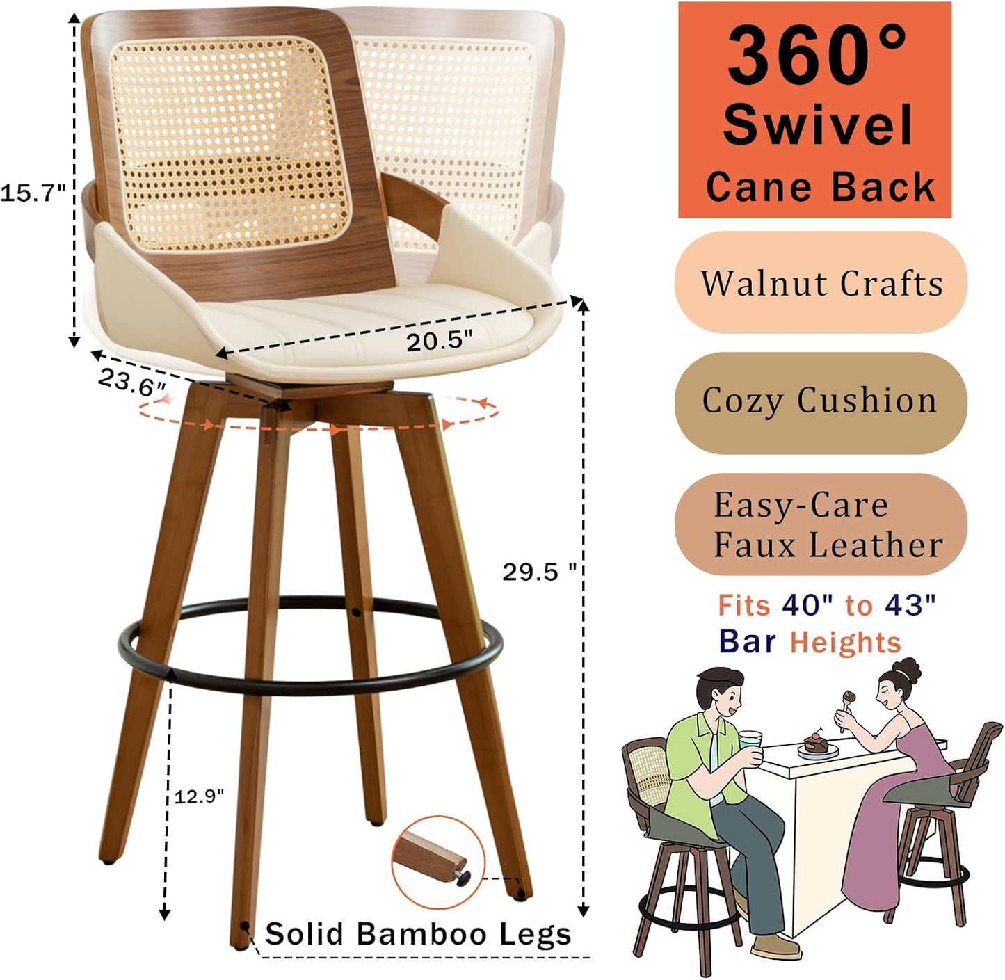 Walnut Cane Swivel Counter Stool with Arms Black Faux Leather Seat