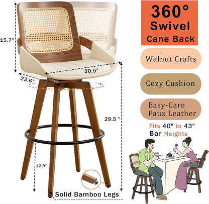 Walnut Cane Swivel Counter Stool with Arms Black Faux Leather Seat