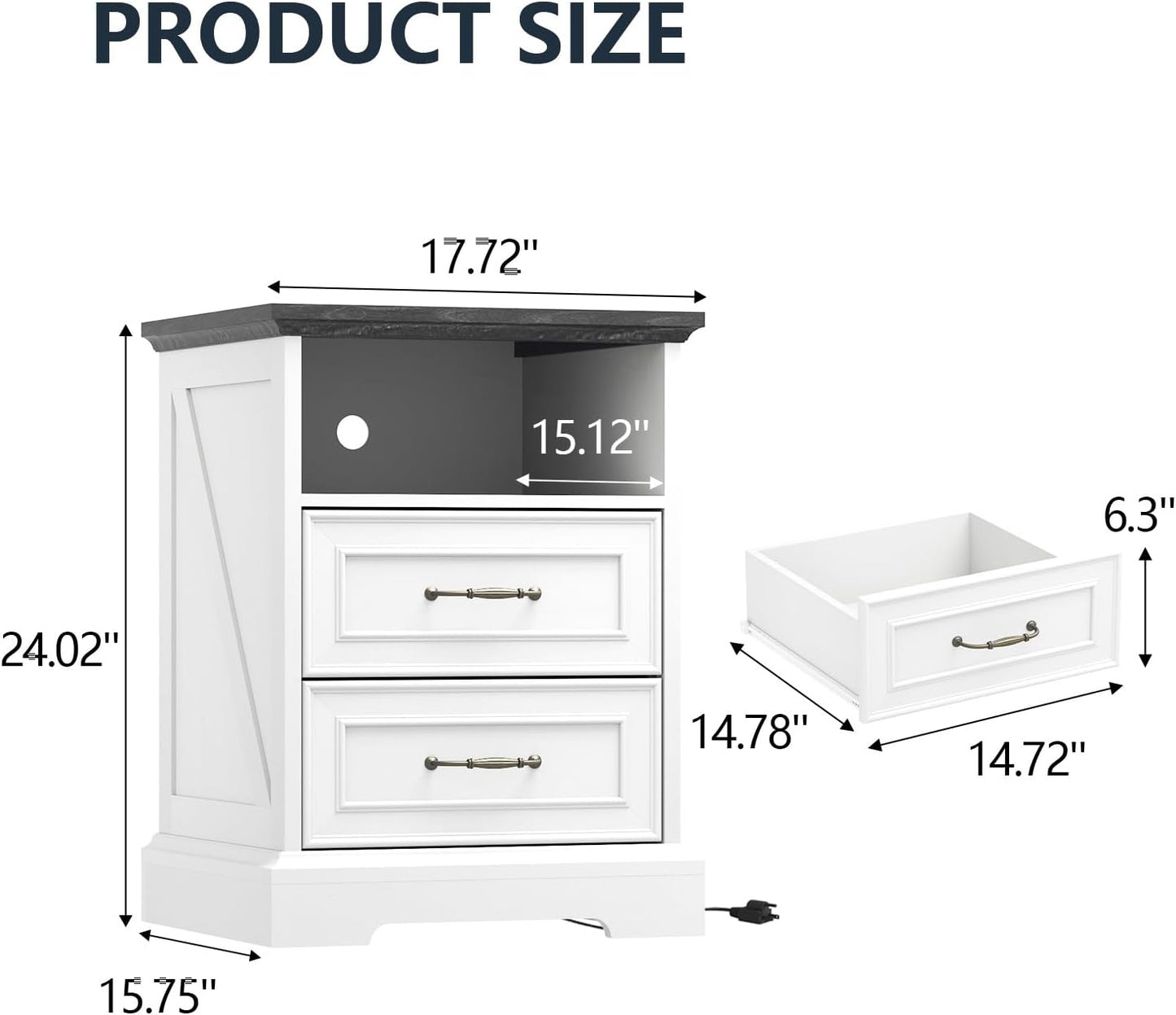 Farmhouse Nightstand with Charging Station 2 Drawers Off White Bedside Table