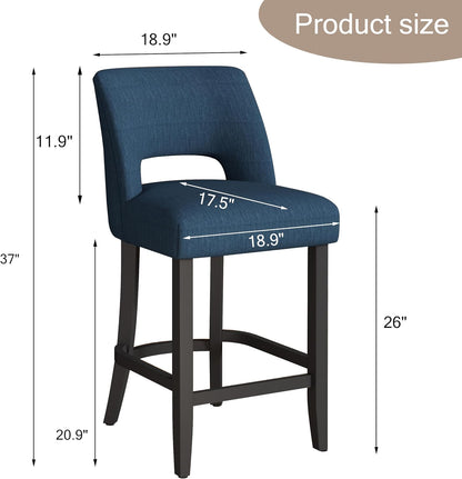 26 Inch Green Upholstered Counter Height Bar Stools Rubberwood Set of 2