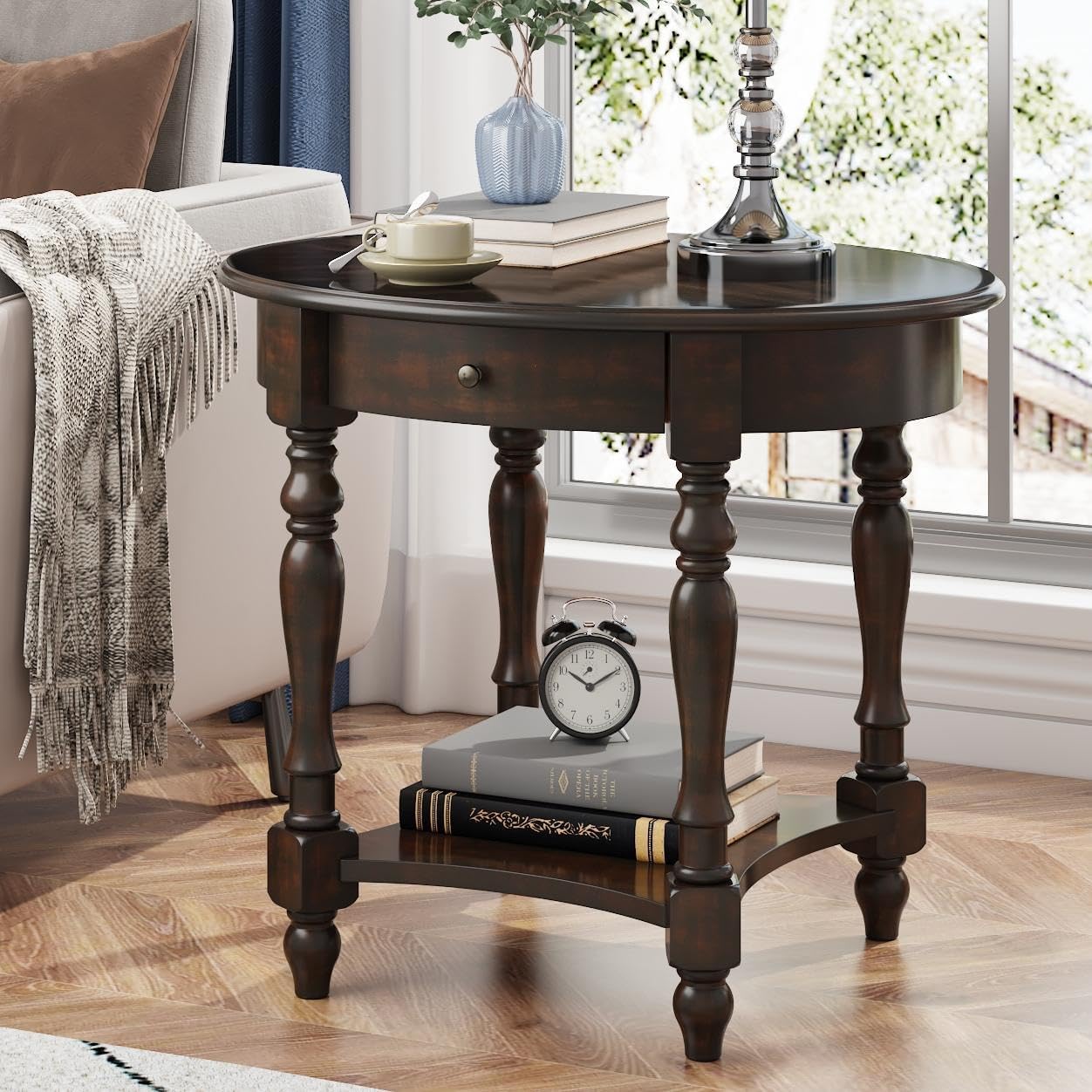 Solid Wood Oval End Table with Drawer and Lower Storage Shelf