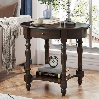 Solid Wood Oval End Table with Drawer and Lower Storage Shelf