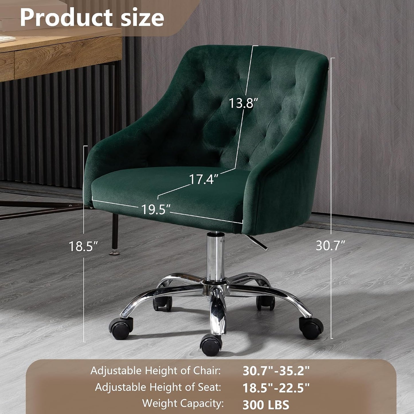 Ivory Velvet Office Chair Tufted Adjustable Swivel Vanity Chair with Wheels