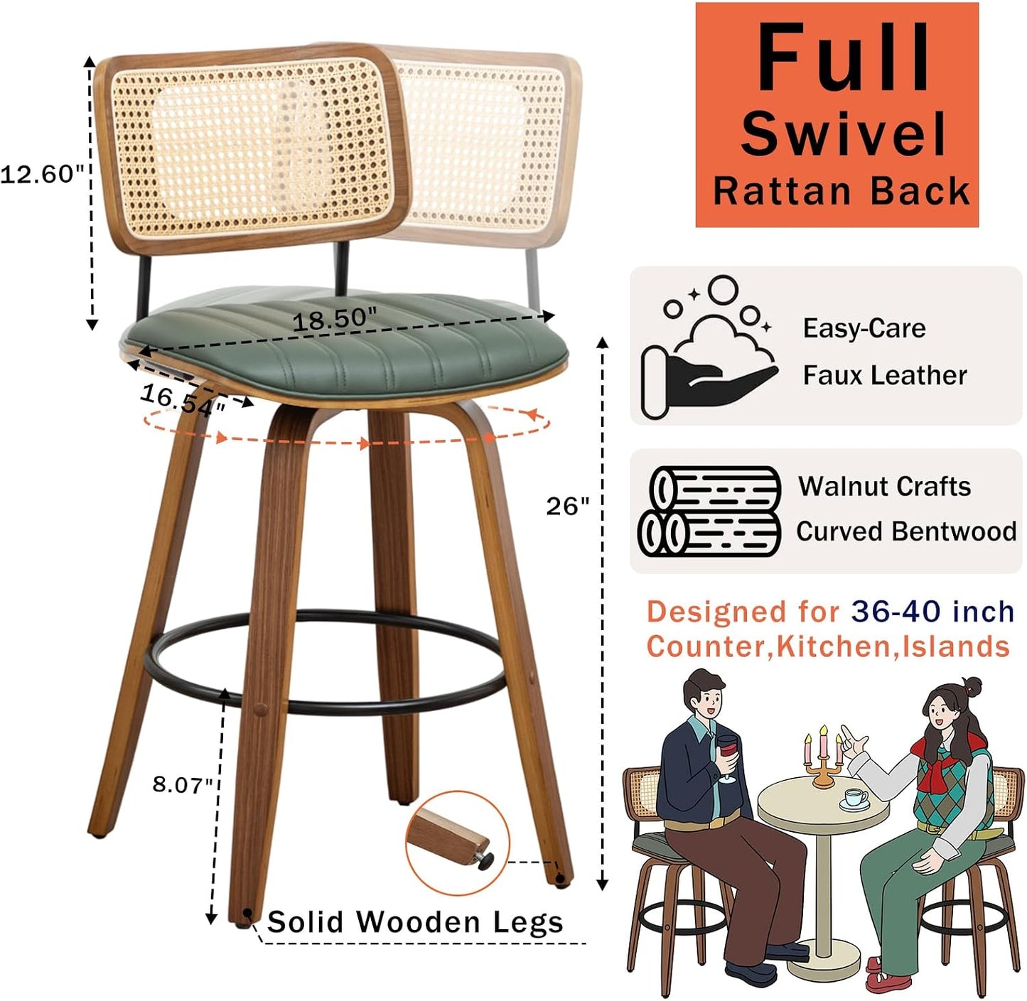 Walnut Rattan Counter Stool with Cane Back Grey Fabric Seat 26 Inch