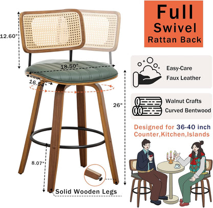 Walnut Rattan Counter Stool with Cane Back Grey Fabric Seat 26 Inch