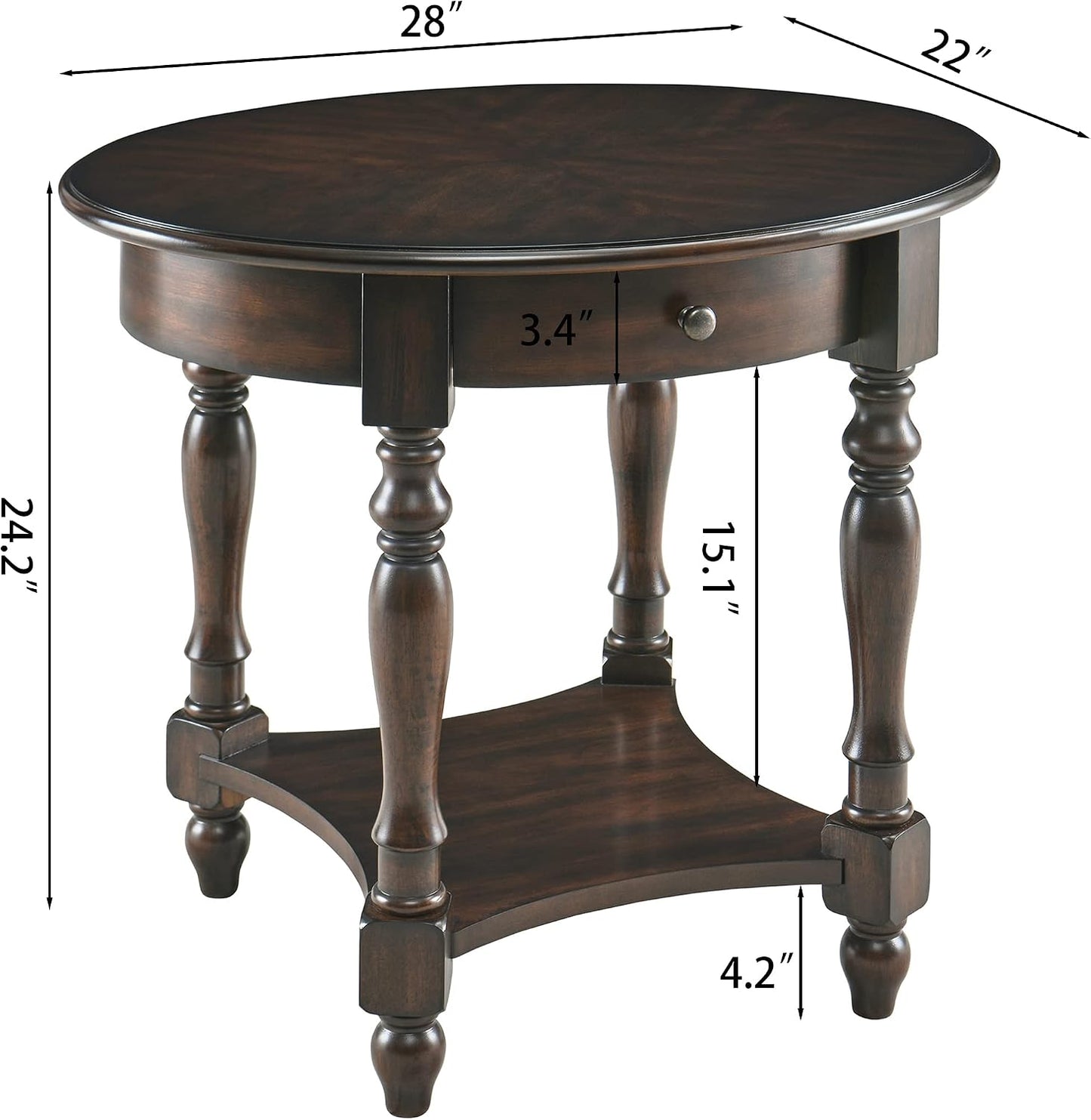 Solid Wood Oval End Table Cherry Walnut with Drawer and Storage Shelf