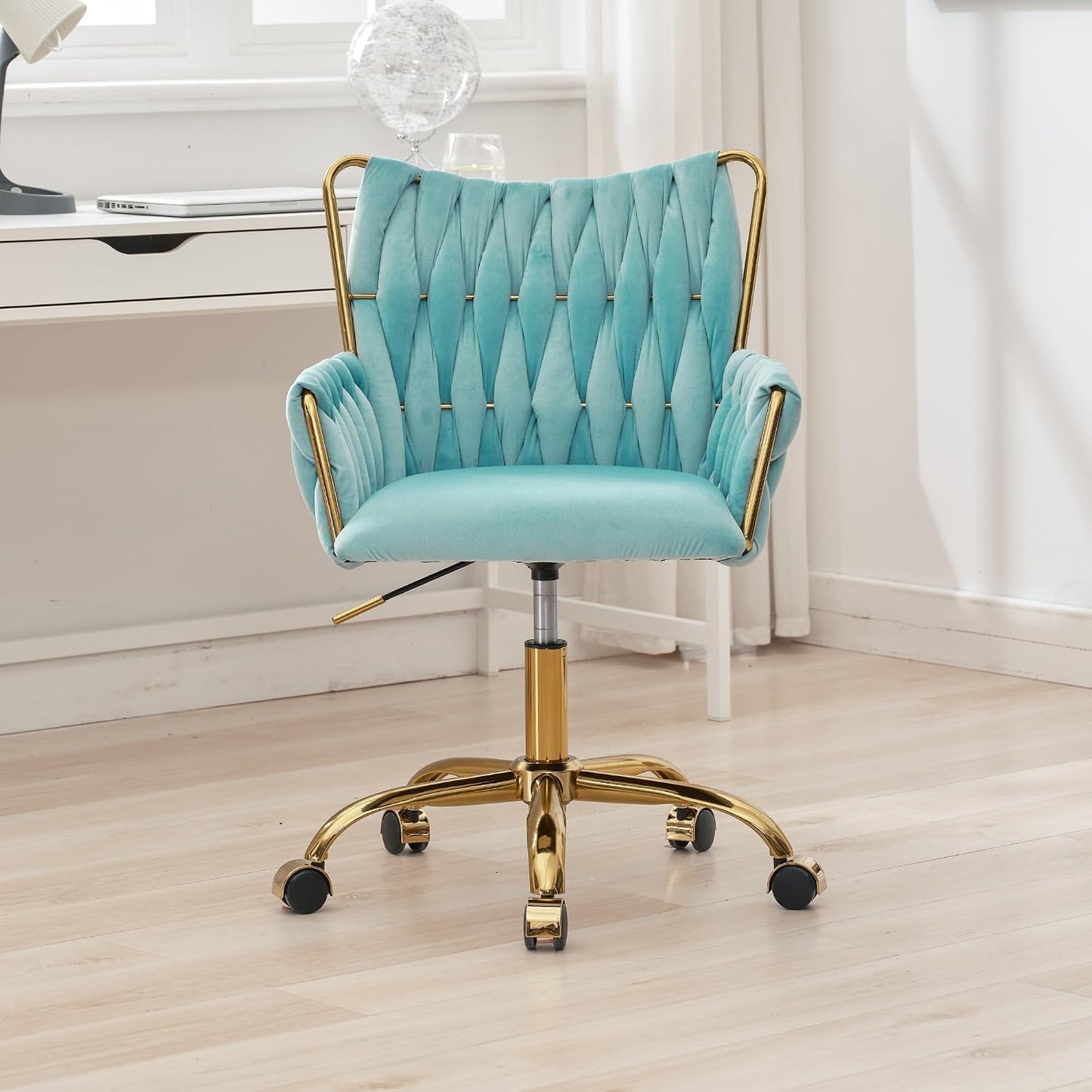 Black Velvet Swivel Desk Chair Hand Woven High Back Gold Base Adjustable Height