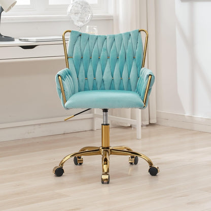 Black Velvet Swivel Desk Chair Hand Woven High Back Gold Base Adjustable Height
