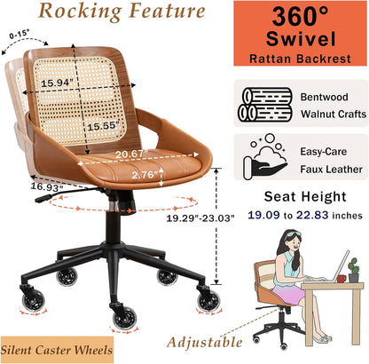 Walnut Rattan Office Chair Green Faux Leather Swivel Rolling Desk Chair