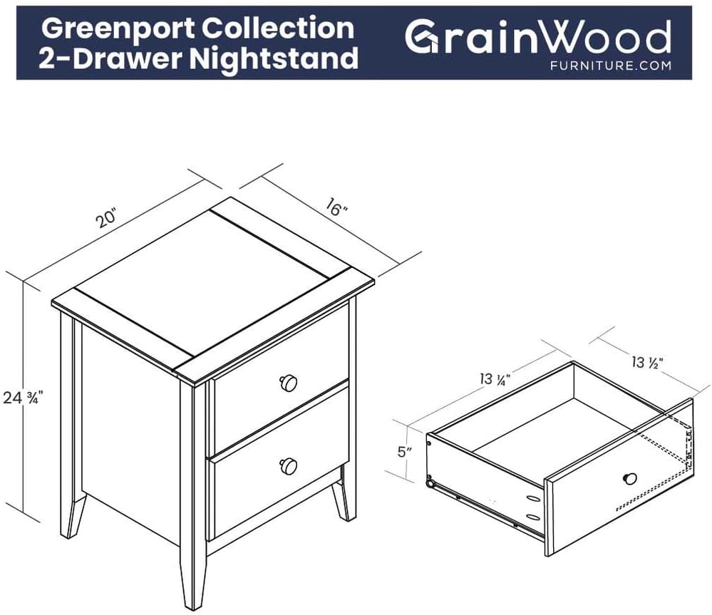 Solid Pine Wood 2-Drawer Nightstand – Brushed Walnut Bedside Table